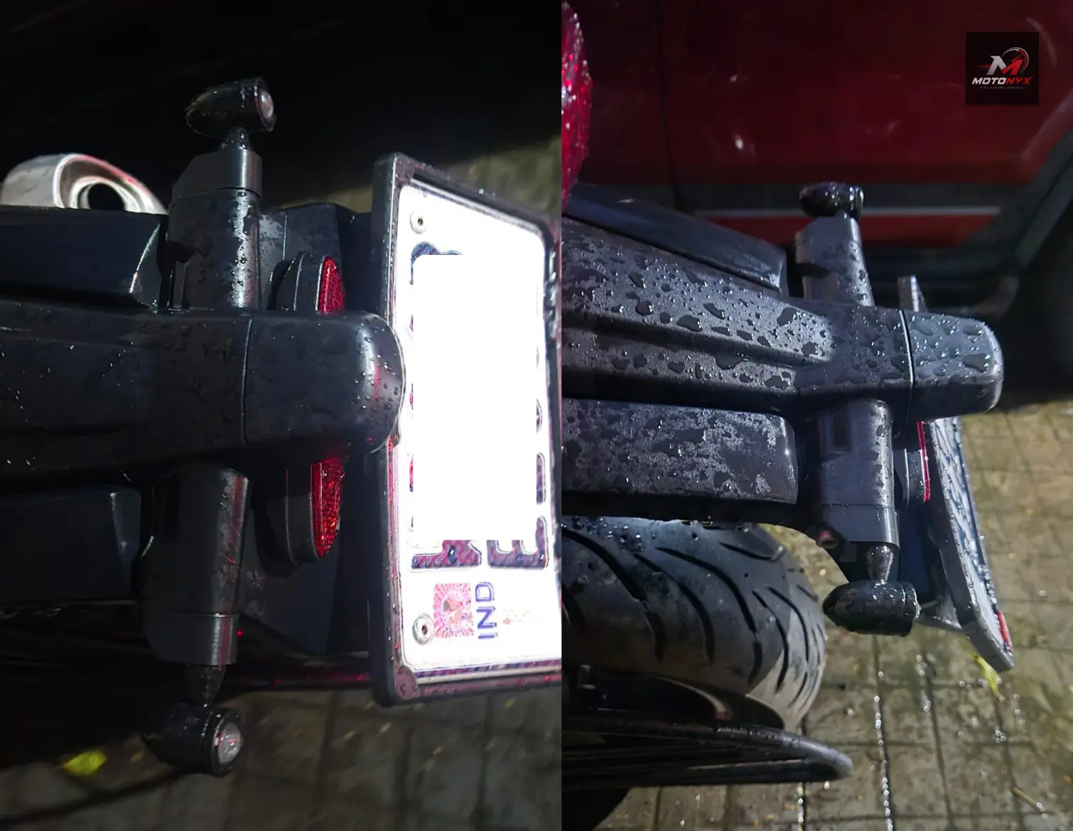 MotoNyx indicator adapter fitted on a Triumph motorcycle in the rain