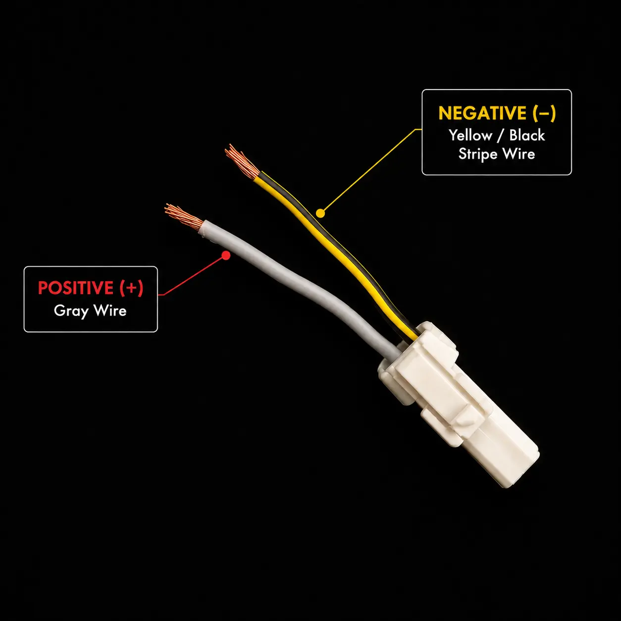 Gray wire marked positive and yellow-black stripe wire marked negative